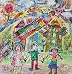 Роман Бредгауэр, 7 лет. Салахова Яна, 7 лет. Мой город. 2011. Бумага, восковые мелки, фломастеры, акварель. «Город будущего — город, в котором будут жить и люди, и роботы». 1-ое место в номинации «Дошкольники»