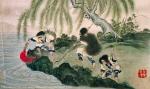 画家，日本。 《带着火把用转钩钓鱼》，《矮奴民族生活和习俗》的系列，1862年后创作的。纸、墨汁、水彩、水粉颜料、白粉。