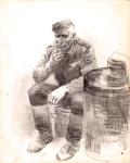 Анатолий Федосенко (1947–1999). Набросок к картине «Политрук». Военный, сидящий с папиросой у бочки. 1980-е. Бумага, графитовый карандаш