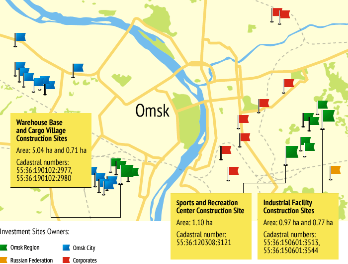 Map of Omsk with investment sites marked